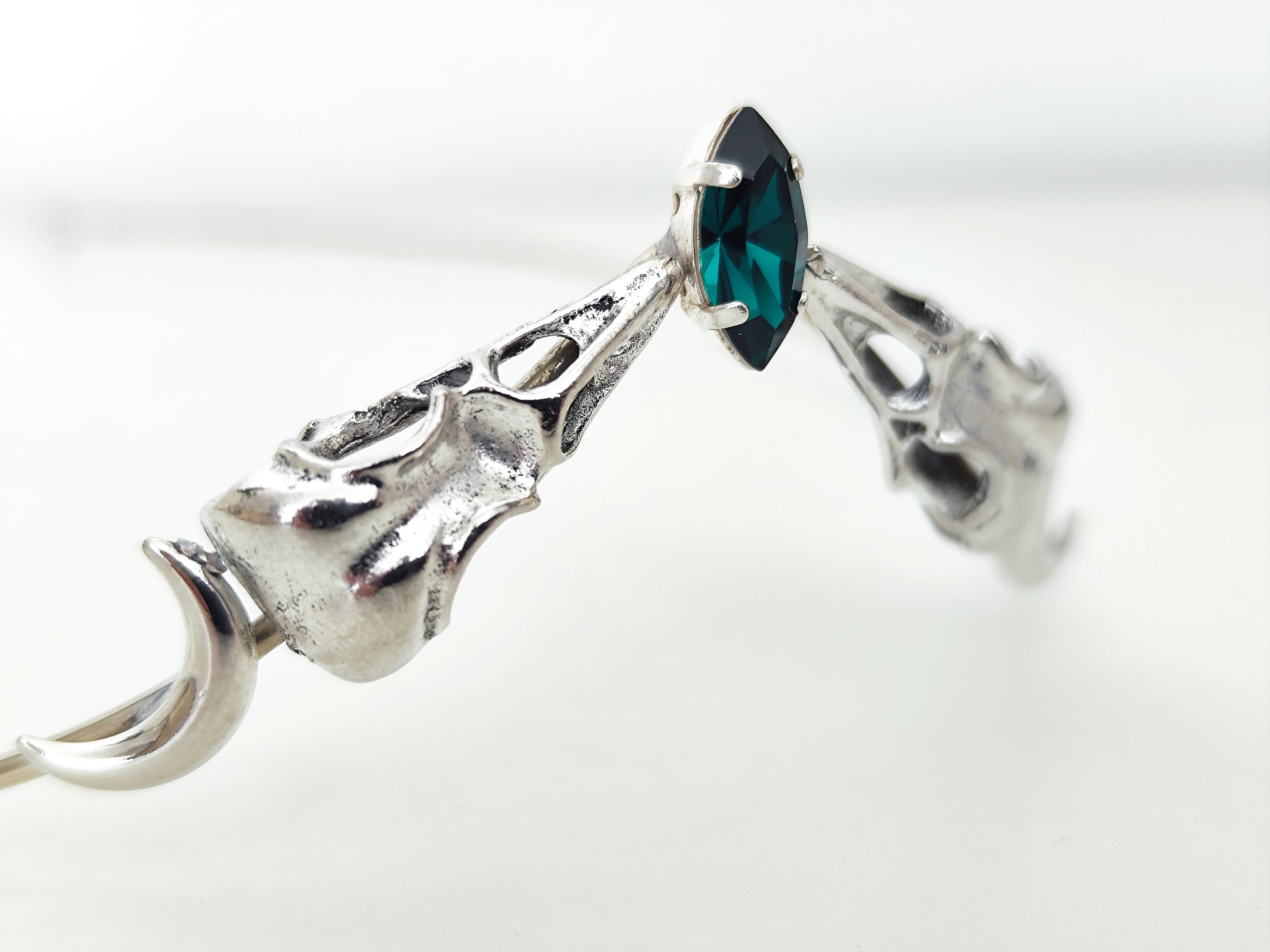 Crow Skull Moon Tiara: Silver Elven Headpiece with Swarovski Crystal