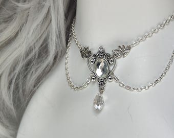 Elvish Bronze Choker, Pearl, Crystal Teardrop Pendant, Wedding Jewelry