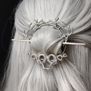 Snake Hair Pin with Antler Branches – Fantasy Hair Slide – Gothic Forest Hair Accessory – Silver Hair Stick – Ready to Ship