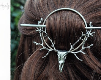 Deer skull barrette with stick, branch circle accessory, forest gothic piece