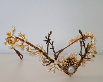 Elfenbostiara met kristallen, maankristallen kroon, gouden tiara