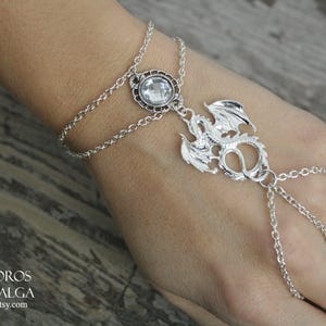 Handmade Dragon Bracelet Ring - Gothic Jewelry with Moonstone, Dragon Slave Bracelet, Fantasy and Medieval Inspired Jewelry