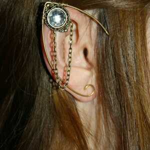 Handmade Elven ear cuff with chain detail, featuring moonstone, amethyst, or labradorite gemstones, no pierced ears required, elvish and Celtic inspired design