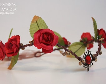 Elven Fairy crown with red flowers