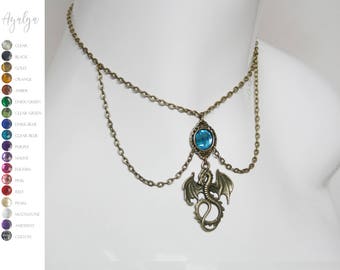 Collana girocollo con drago: ciondolo gotico fantasy, gioiello con pietre preziose