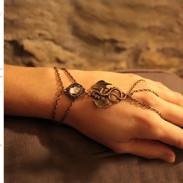 Bracelet dragon - Bague bracelet dragon - Bracelet esclave avec dragon - Bracelet pierre de lune - Bijoux dragon - Bracelet - Bijoux gothiques