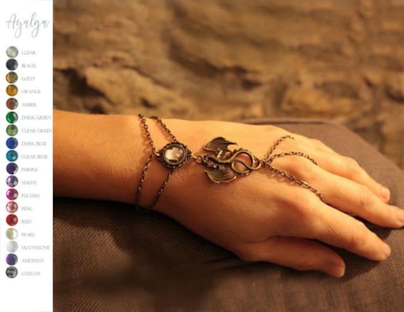 Handmade Dragon Bracelet Ring - Gothic Jewelry with Moonstone, Dragon Slave Bracelet, Fantasy and Medieval Inspired Jewelry