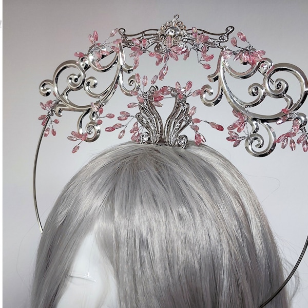 Halo crown . Silver headpiece Pink . Halo diademn . Celestial crown