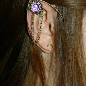 Handmade Elven ear cuff with chain detail, featuring moonstone, amethyst, or labradorite gemstones, no pierced ears required, elvish and Celtic inspired design