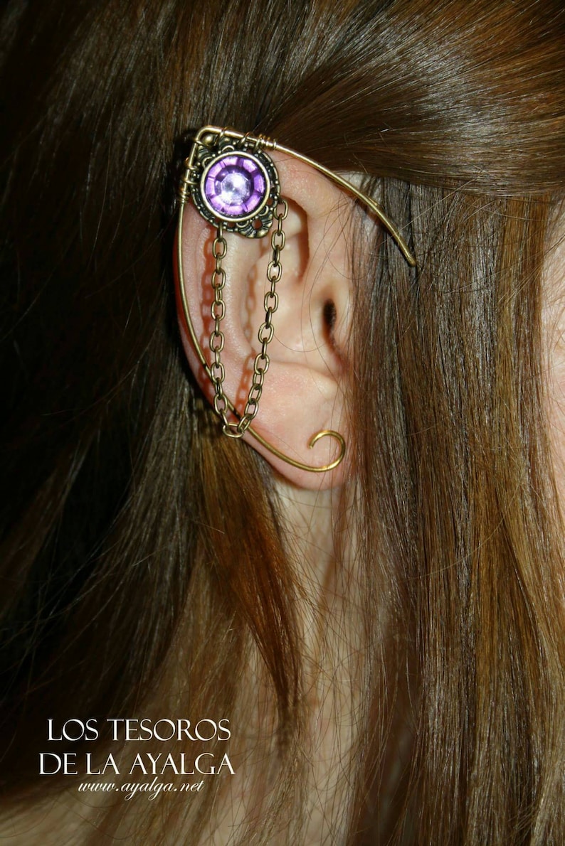 Handmade Elven ear cuff with chain detail, featuring moonstone, amethyst, or labradorite gemstones, no pierced ears required, elvish and Celtic inspired design