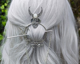 Bastoncino per capelli in pietra di luna con drago lunare, forcina fantasy fatta a mano