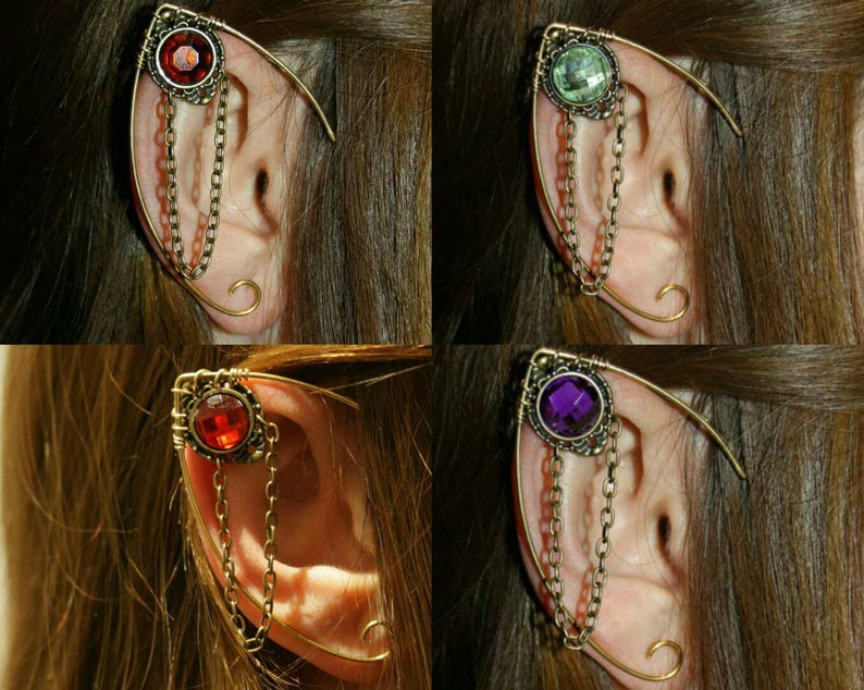 Handmade Elven ear cuff with chain detail, featuring moonstone, amethyst, or labradorite gemstones, no pierced ears required, elvish and Celtic inspired design