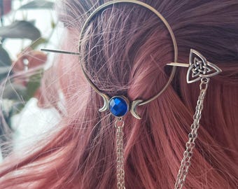 Horquilla triple con forma de luna y palito, accesorio celta de estilo brujo, pieza nupcial gótica.