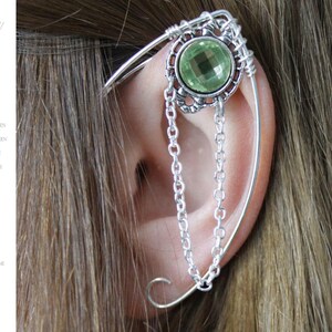 Handmade Elven ear cuff with chain detail, featuring moonstone, amethyst, or labradorite gemstones, no pierced ears required, elvish and Celtic inspired design