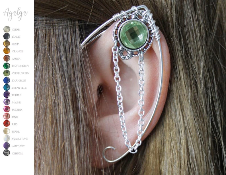 Handmade Elven ear cuff with chain detail, featuring moonstone, amethyst, or labradorite gemstones, no pierced ears required, elvish and Celtic inspired design