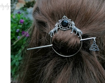 Wolf Hair barrette with celtic knot  stick - brooch pin wolf