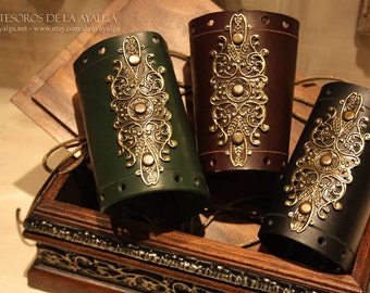 Leather  bracelet - leather medieval bracers with bronze ornament - elven forest accessories - medieval wedding accessories - leather cuffs