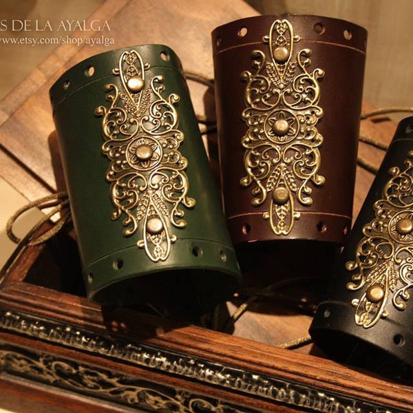 Leather  bracelet - leather medieval bracers with bronze ornament - elven forest accessories - medieval wedding accessories - leather cuffs