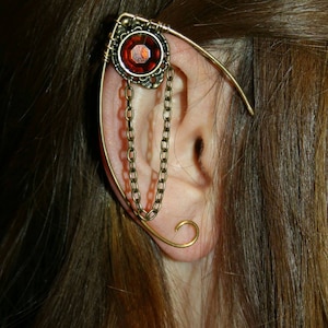 Handmade Elven ear cuff with chain detail, featuring moonstone, amethyst, or labradorite gemstones, no pierced ears required, elvish and Celtic inspired design