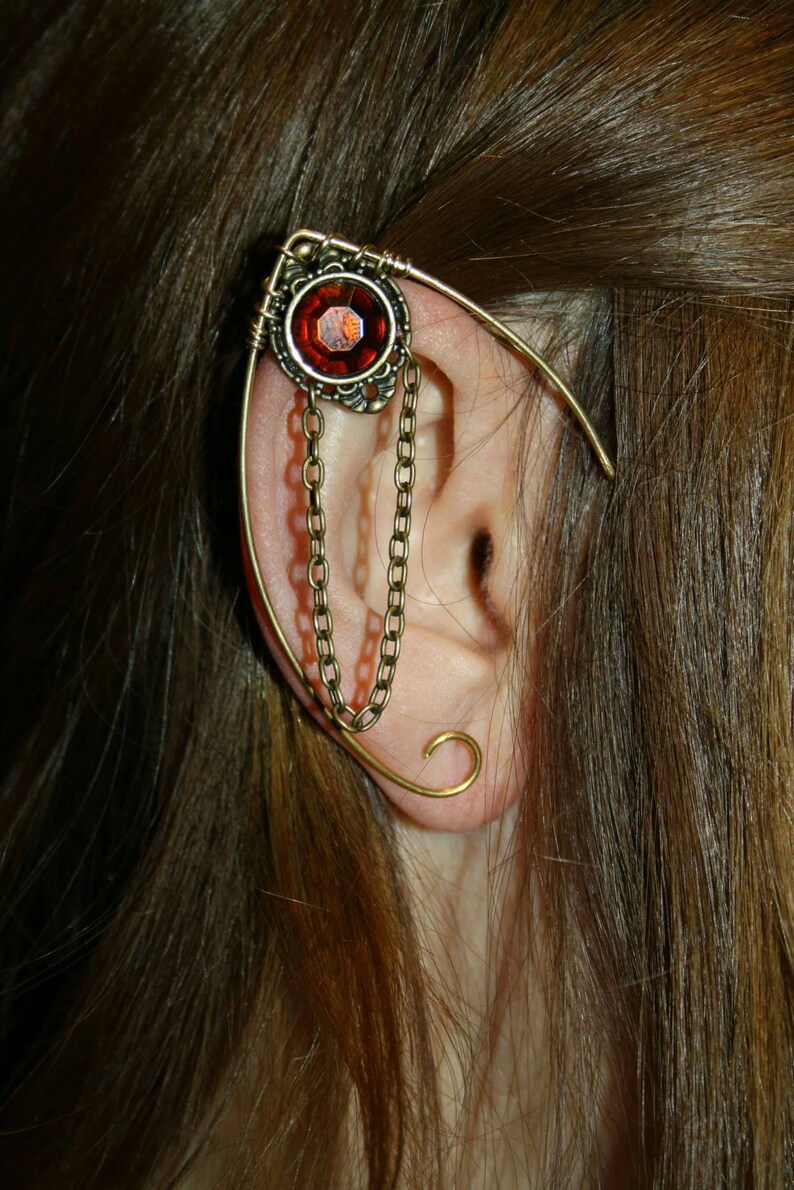 Handmade Elven ear cuff with chain detail, featuring moonstone, amethyst, or labradorite gemstones, no pierced ears required, elvish and Celtic inspired design