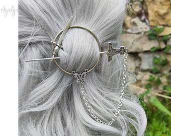 Thor Hammer Hair Pin Silver – Mjolnir Viking Bun Holder with Chain, Medieval Hair Stick