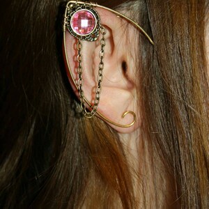 Handmade Elven ear cuff with chain detail, featuring moonstone, amethyst, or labradorite gemstones, no pierced ears required, elvish and Celtic inspired design
