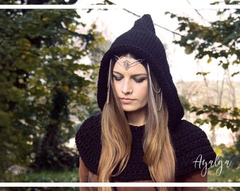 handknit hood with capelet- statement jewelry