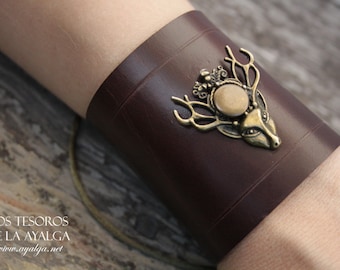 Leather bracelet deer - medieval bracer made in leather  brown and black - stag bracelet