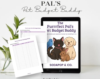 May include: A digital tablet and printed sheets display the text "The Purrrfect Pal's Pet Budget Buddy." The tablet shows a cartoon image of a cat, dog, bird, and rabbit. The sheets have expense tracking tables. The brand name "SodaPop & Co." is visible.