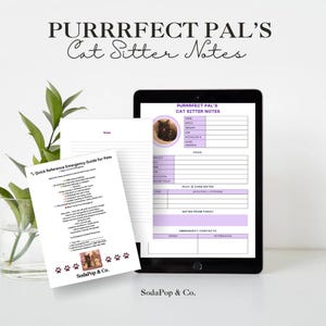 May include: A tablet and printed sheets with the text "PURRRFECT PAL'S Cat Sitter Notes" and "Quick Reference Emergency Guide for Pets." The tablet displays a cat sitter form with a cat photo. The sheets and tablet are on a white surface with a plant in a glass vase.