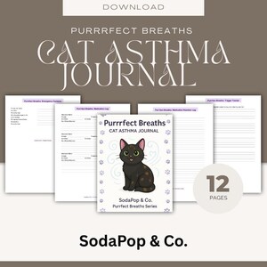 以下が含まれることがあります： 「Purrrfect Breaths Cat Asthma Journal」というタイトルの猫喘息ジャーナル。漫画の猫のイラストが特徴です。ジャーナルには12ページが含まれており、SodaPop & Co.からのものです。