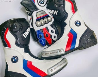 BMW Racing Boots & Gloves Set | Handmade Genuine Leather Motorcycle Riding Shoes - Protective Gear