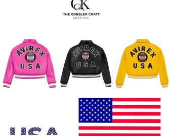 Handgefertigte Avirex Leder Bomberjacke für Damen | "Echte Rindsleder Varsity Bikerjacke von ""The Cobblers Craft"""