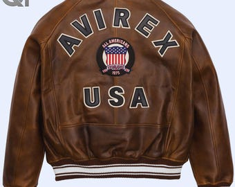 Avirex Brown Leather Bomber Jacket: Retro Varsity Flight Style