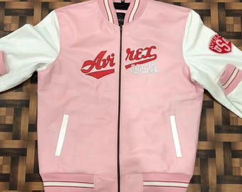 Men’s Avirex USA Varsity Jacket – Men’s Retro Bomber – Pink & White Genuine Leather Streetwear