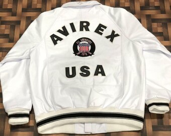 Avirex White Leather Bomber Jacket:1975 Varsity USA Icon Style