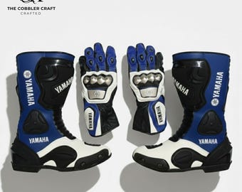 Zestaw butów i rękawic motocyklowych Yamaha Racing | Ręcznie wykonany, skórzany, z certyfikatem CE, sprzęt motocyklowy