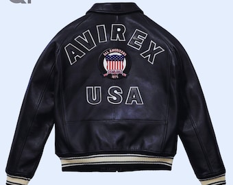 Chaqueta bomber Avirex de piel de vaca auténtica para hombre - Parche estadounidense retro universitario