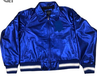 Men's Avirex Blue Leather Bomber Jacket: Retro Varsity Streetwear