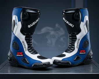 Suzuki GSX-R Motorcycle Racing Boots – CE Approved Genuine Leather Biker Riding Boots Protective Gear