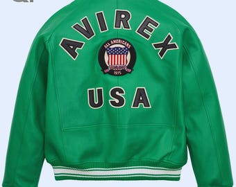 Avirex Green Cowhide Leather Bomber Jacket: Retro Varsity Style
