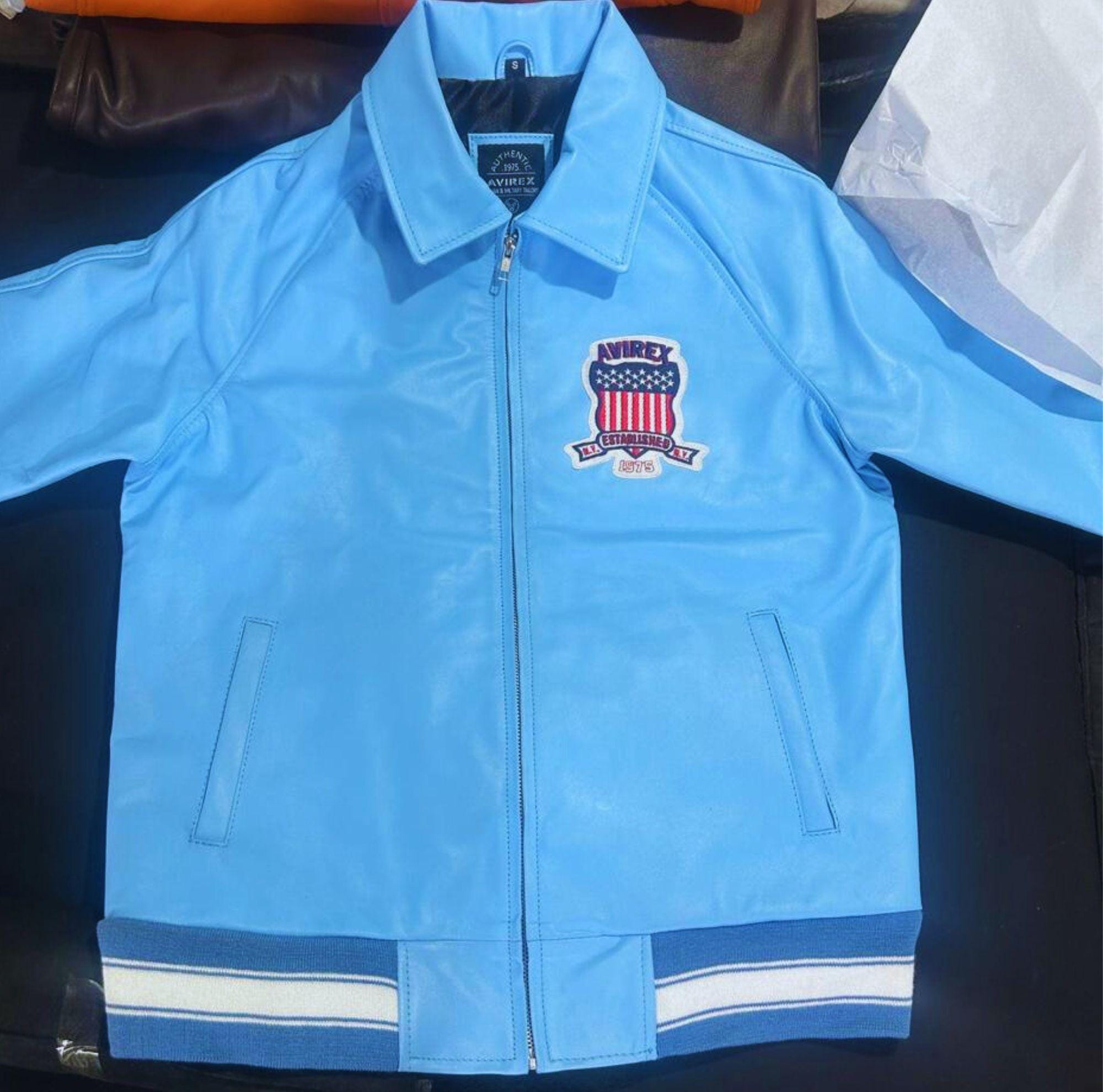 Avirex Blue Leather Bomber Jacket: Retro Varsity USA Patch - Etsy