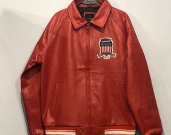 Chaqueta de aviador hecha a mano en piel de vacuno roja / Parche de EE. UU. 1975 Estilo bomber universitario