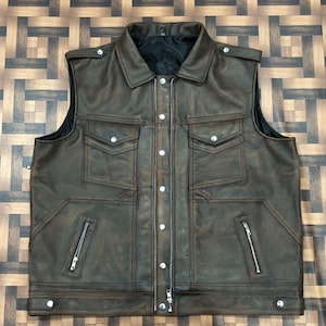 Men’s Brown Leather Biker Vest – Vintage Motorcycle Club Style – Sleeveless Western Riding Jacket – Handmade Genuine Cowhide Leather