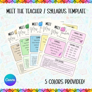 May include: A collection of five colorful "Meet the Teacher" and syllabus templates. Each template features sections for supplies, contact info, and grading scales. The text "5 COLORS PROVIDED!" is displayed at the bottom.