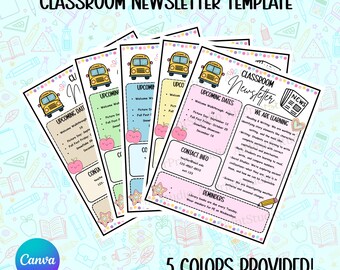 Plantilla editable de boletín informativo para el aula (PDF de una página imprimible en 5 colores) para profesores, comunicación con padres, actualizaciones semanales, descarga instantánea.