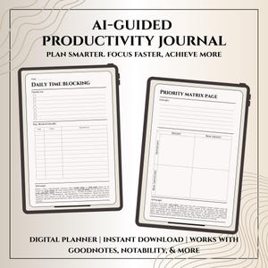 AI Guided Productivity Planner Digital Organizer Prompt-Based Daily Time Blocking Goal Setting Study Focus GoodNotes Notability PDF Template