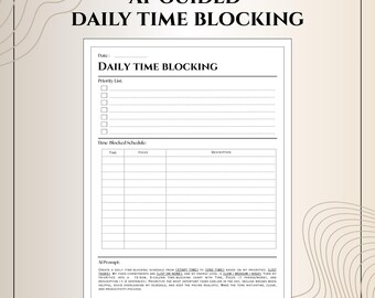 Planificador diario de bloqueo de tiempo guiado por IA, plantilla imprimible de horario de productividad, organizador de concentración, hoja de trabajo por hora, descarga digital