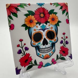 4 Day of the Dead Tile Coasters, Día De Los Muertos ofrenda art tiles, Ofrenda sugar skull art tiles, Sugar skull set
