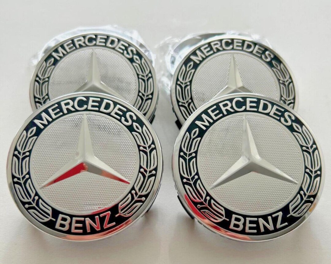 AMG Wheel Center Caps 75mm: Black & Silver Mercedes Benz Emblem - Set ...